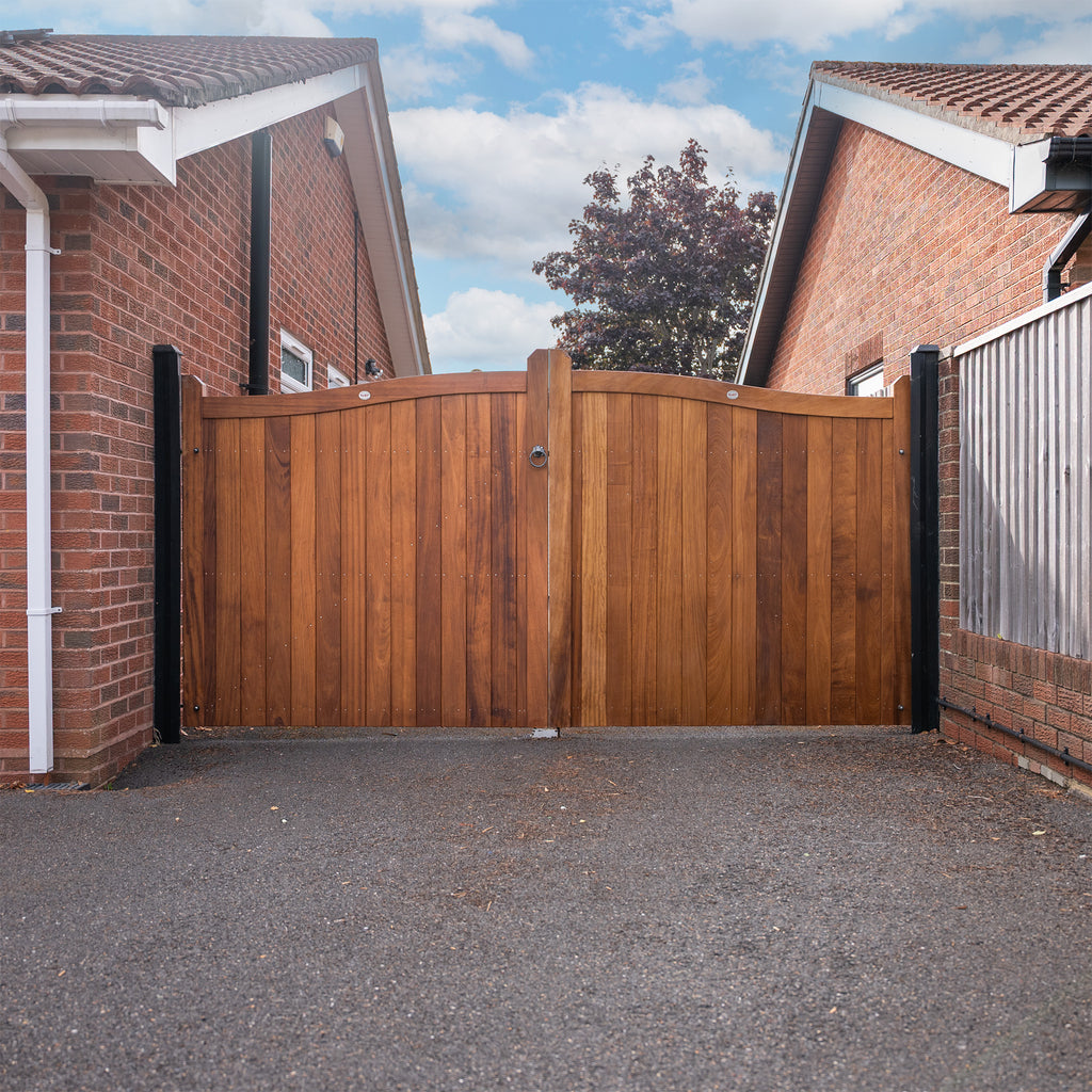 Lifestyle shot of Iroko Swan Neck installed in driveway