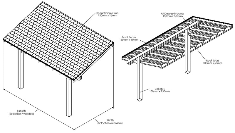 Wooden Gazebo - Cedar Shingles Roof - Lean-To Design drawing