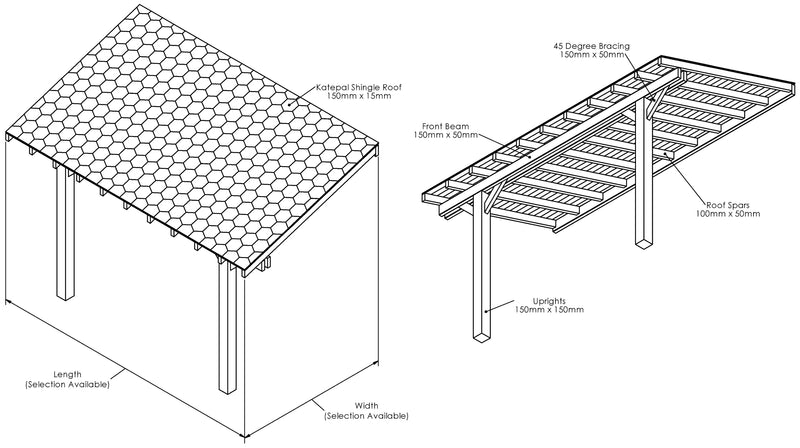 Wooden Gazebo - Katepal Red Shingle Roof - Lean-To Design drawing