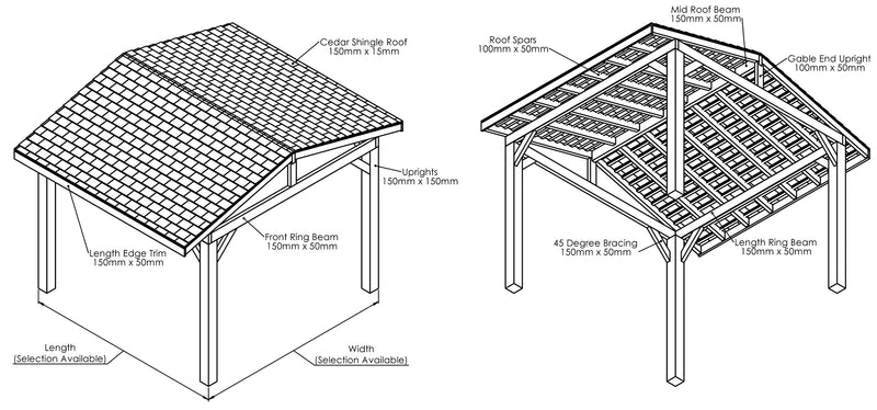 Wooden Gazebo - Cedar Shingles Roof - Apex Design - No Overhang drawing