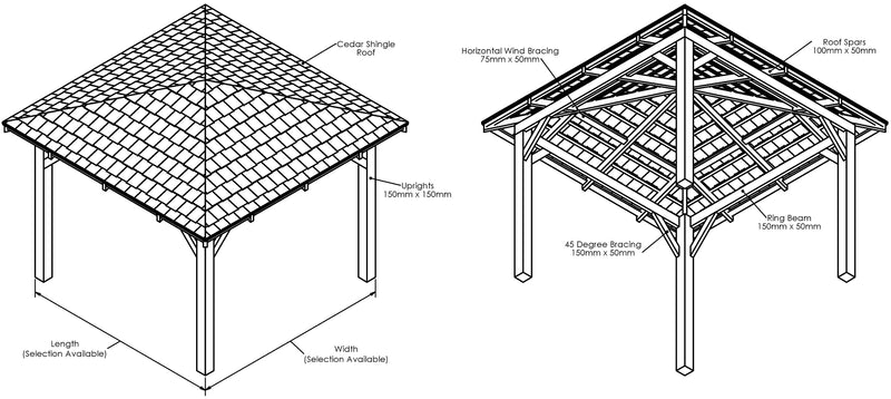 Wooden Gazebo - Cedar Shingles Roof - 4 Pitch Design drawing