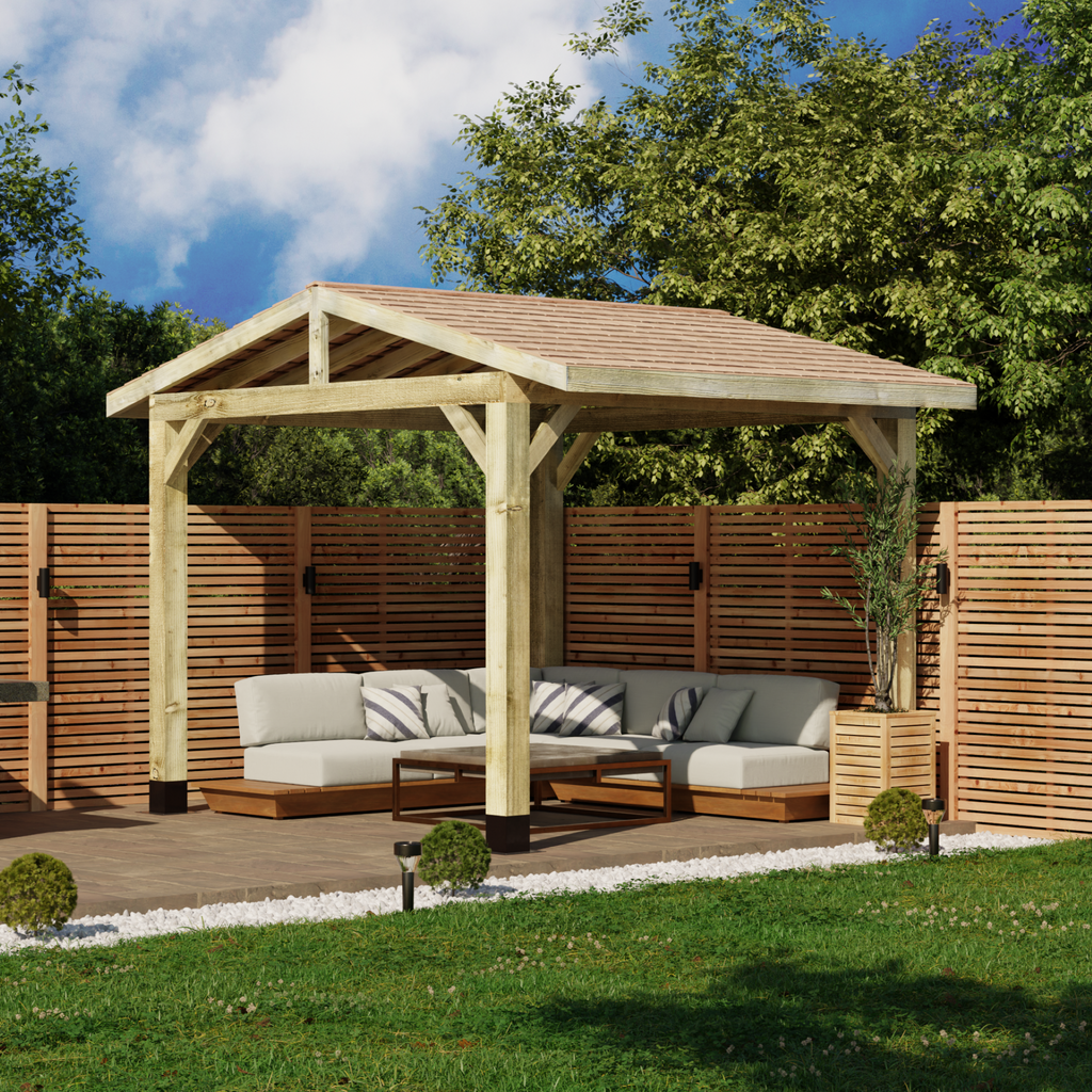 Wooden Gazebo - Cedar Shingles Roof - Apex Design - No Overhang day