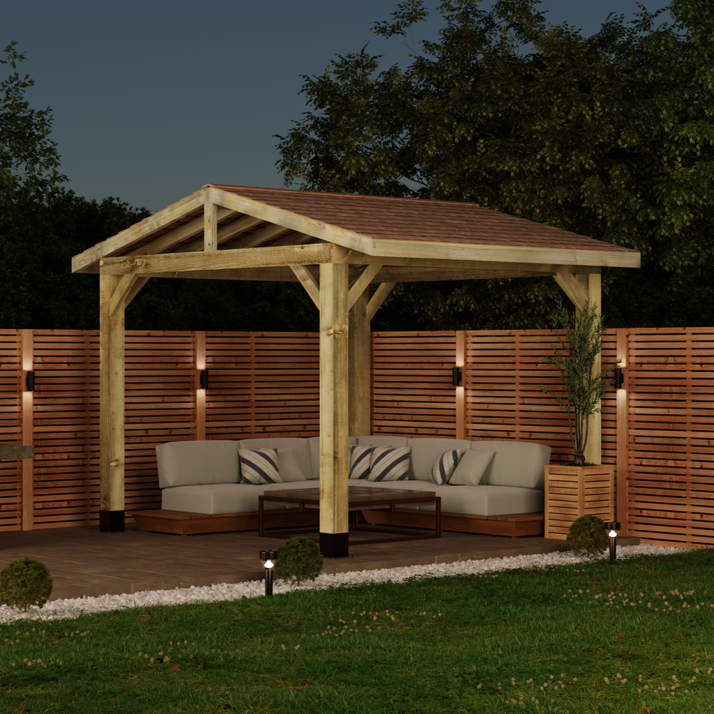 Wooden Gazebo - Cedar Shingles Roof - Apex Design - No Overhang night 