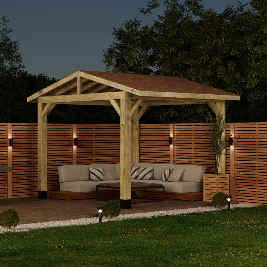 Wooden Gazebo - Cedar Featheredge Roof - 4 Pitch Design night