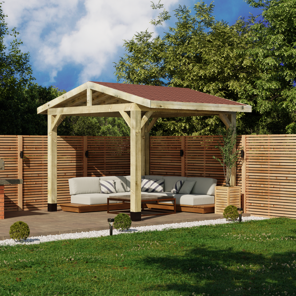 Wooden Gazebo - Katepal Red Shingle Roof - Apex Design - No Overhang day