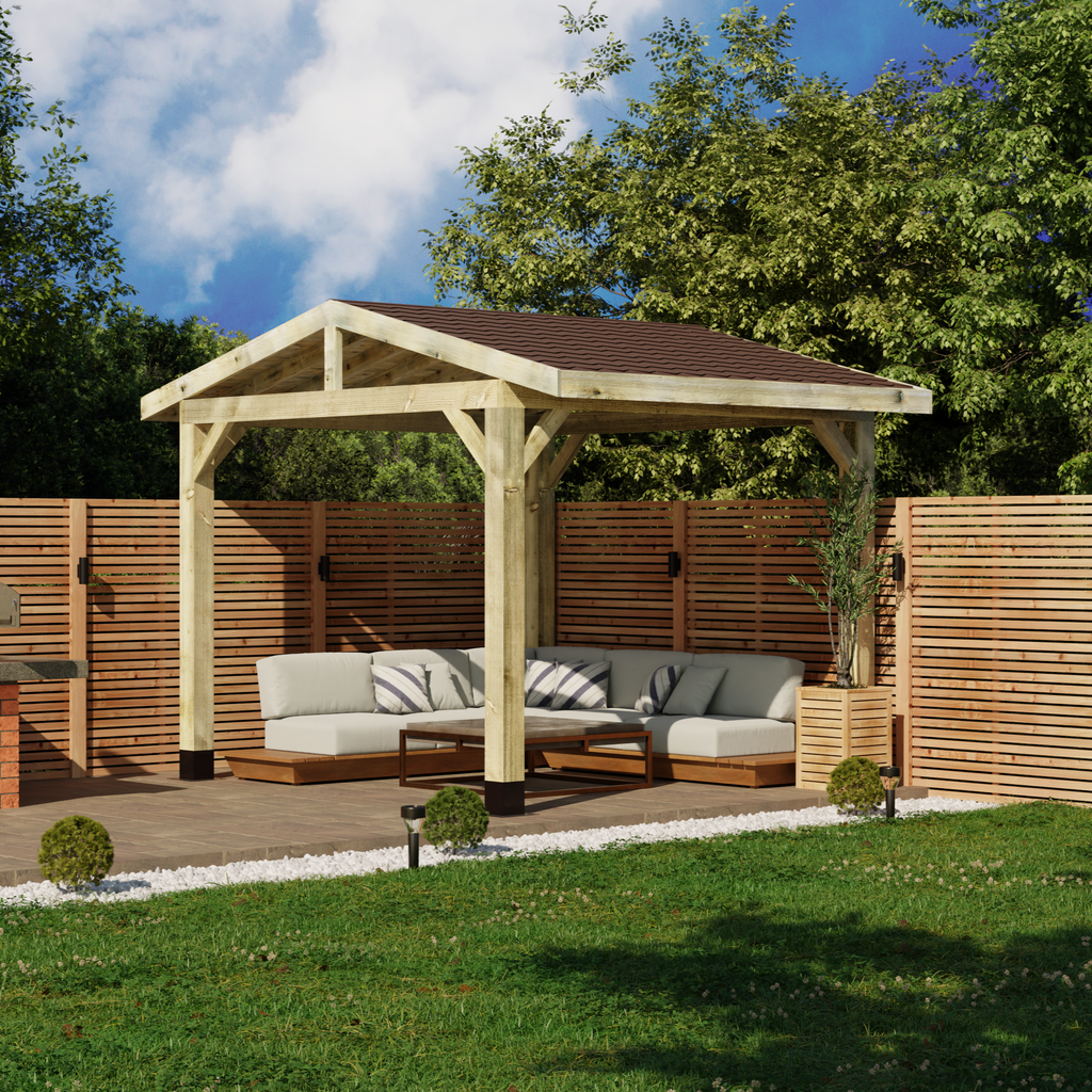Wooden Gazebo - Katepal Brown Shingle Roof - Apex Design - No Overhang day