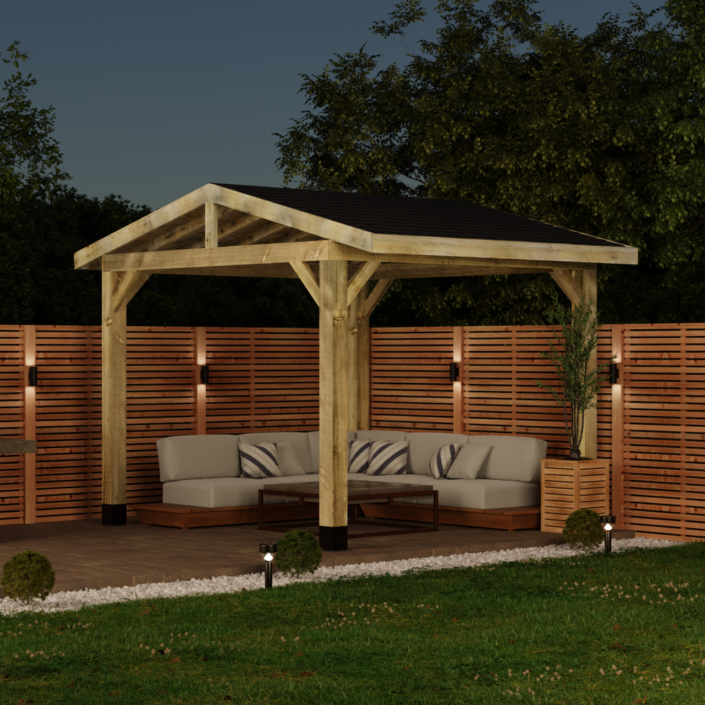 Wooden Gazebo - Katepal Black Shingle Roof - Apex Design - No Overhang night