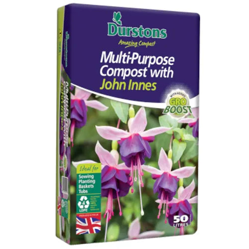50-liter bag of multi-purpose compost with green packaging, suitable for various gardening applications including planters of different sizes, providing essential nutrients and structure for healthy plant growth