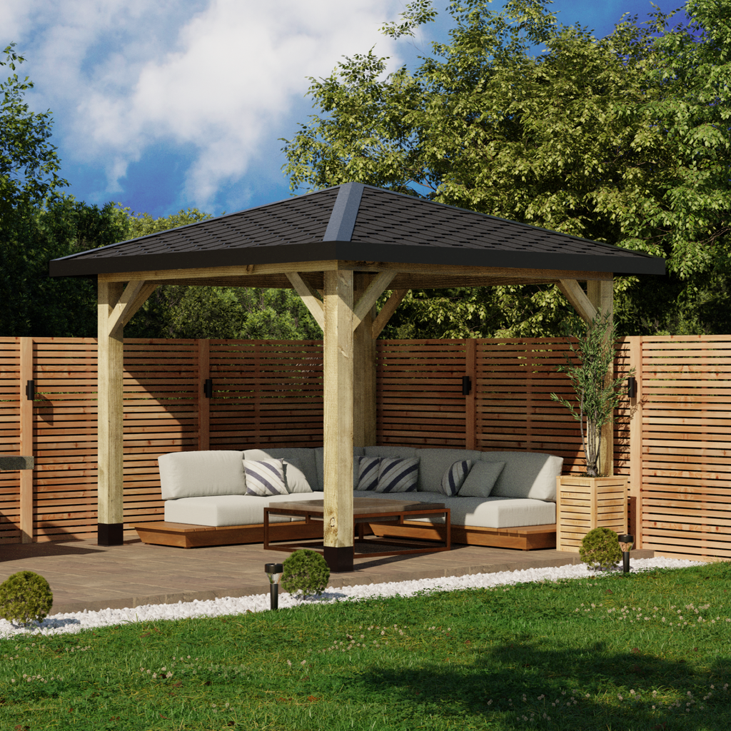 Wooden Gazebo - Katepal Black Shingle Roof - 4 Pitch Design day