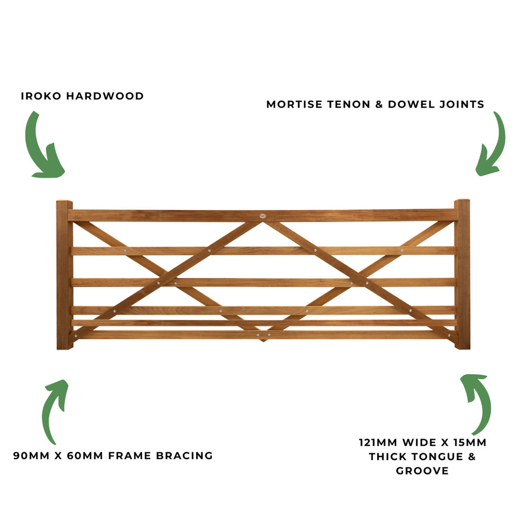 Iroko Entrance Gate 6 Bar features