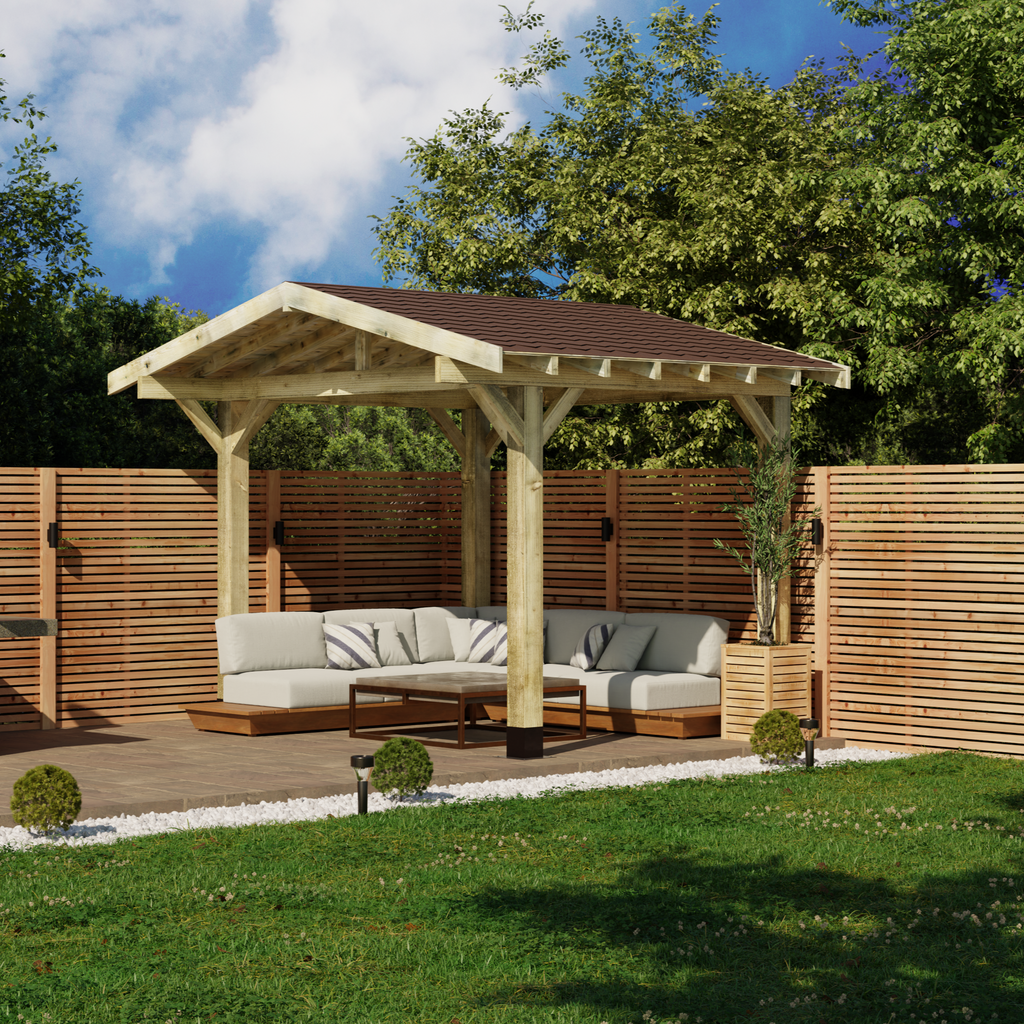 Wooden Gazebo - Katepal Brown Shingle Roof - Apex Design - With Overhang day