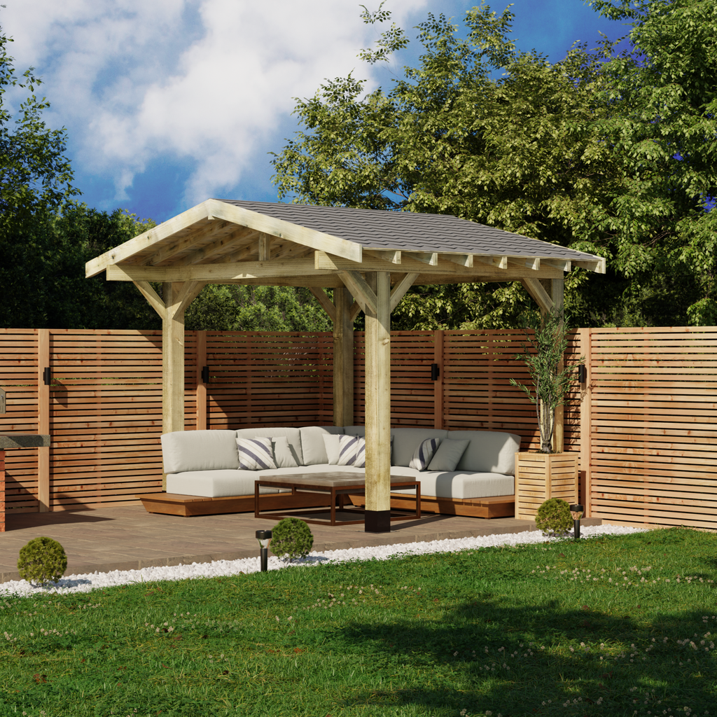 Wooden Gazebo - Katepal Green Shingle Roof - Apex Design - With Overhang day