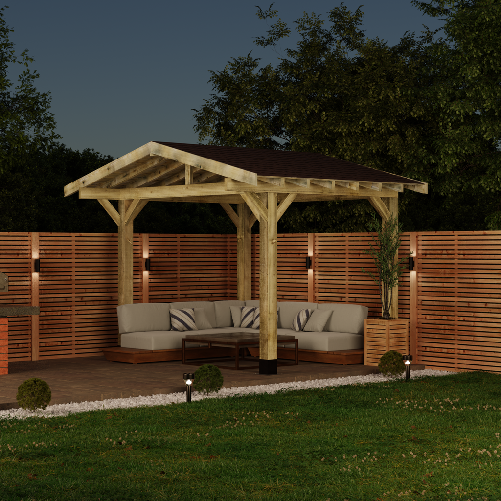 Wooden Gazebo - Katepal Brown Shingle Roof - Apex Design - With Overhang night