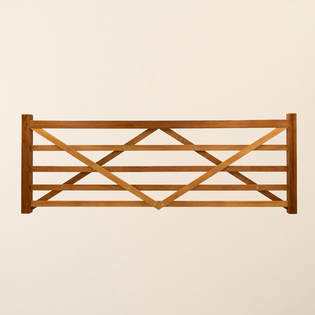 Back view of Iroko 5 Bar Entrance Gate showing classic field gate design with premium African hardwood construction and natural finish
