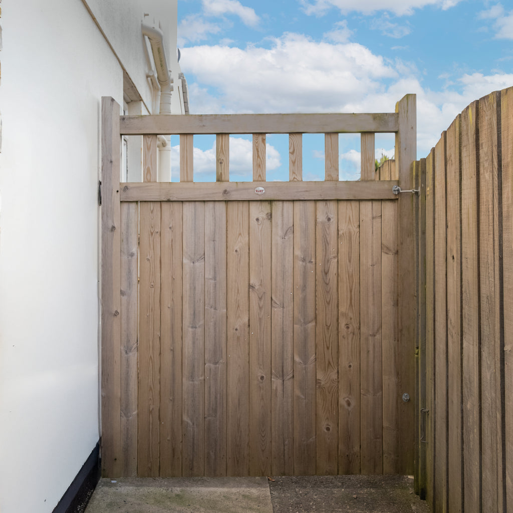 Front view of Cottage Side Gate, displaying the complete structure with mortise and tenon joinery and balanced proportions