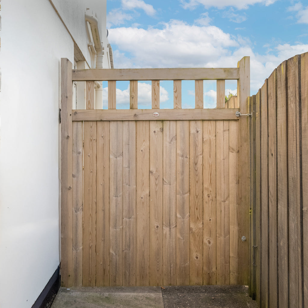 Front view of Cottage Side Gate, displaying the complete structure with mortise and tenon joinery and balanced proportions