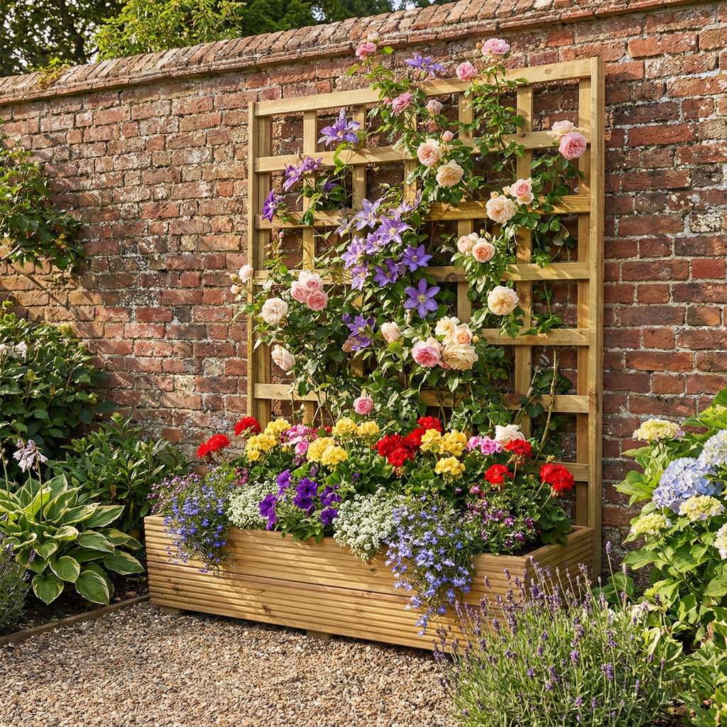 Lifestyle shot of trellis and planter installed in a garden setting 
