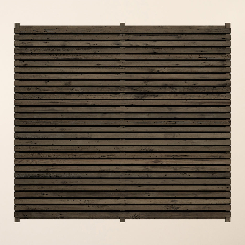 Double-sided horizontal slatted fence panel made from pressure-treated Scandinavian Redwood with rough sawn 45mm x 19mm slats spaced 16mm apart, showing consistent green treatment and modern design