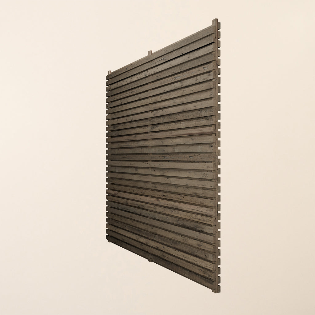 Side profile view of double-sided rough sawn slatted panel showing the 38mm overall thickness, sturdy frame construction, and even spacing of slats on both sides for identical appearance from either direction