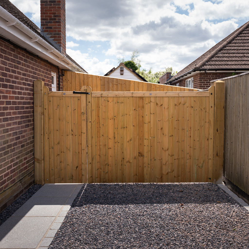 Highampton Mortise & Tenon 3/4 Split T&G Entrance Gates shown as a complete pair, featuring traditional wooden craftsmanship with tongue and groove panels in a distinctive 3/4 split design 