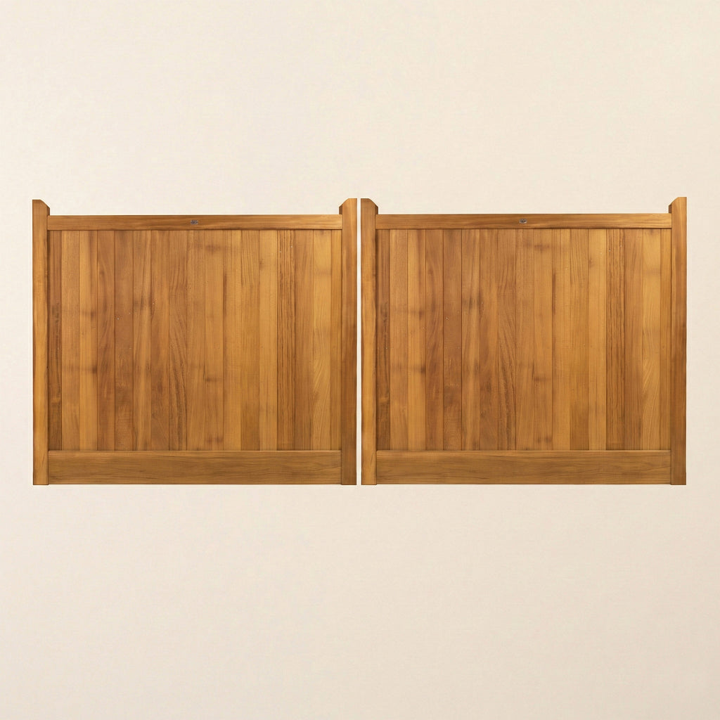 Front view of Iroko Highampton entrance gate pair with mortise and tenon joinery 