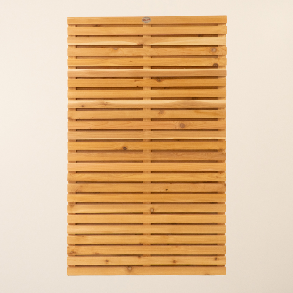 Front view of Double Sided Planed Cedar/Larch Slatted Panel displaying horizontal slat design and natural wood finish