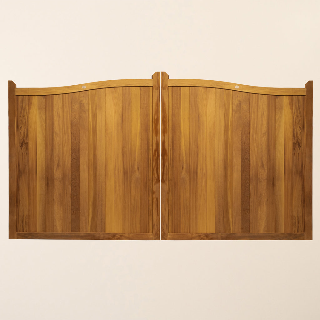 Iroko Swan Neck Gates - Front view of wooden gate pair showing elegant curved top design