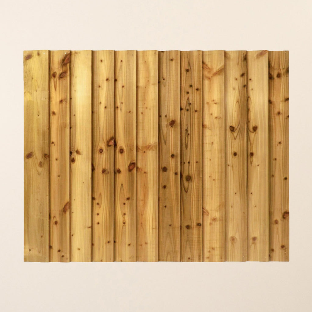 Pressure treated vertical closeboard fence panel showing the front view with tightly overlapping featheredge boards, available in heights from 0.9m to 1.8m with standard 1.8m width, featuring green-treated spruce/larch timber