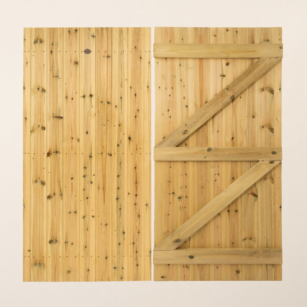 Wellington Tongue & Groove Side Gate, 2.4m high, showing front and back views of the wooden garden gate with vertical tongue and groove boards