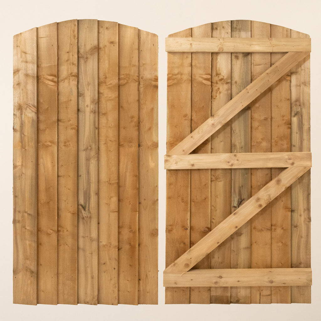 Topsham Curved Featheredge Side Gate shown from the front and back, featuring a graceful curved top design and vertical featheredge boards made from pressure-treated Larch/Spruce timber, standing 2.4m high