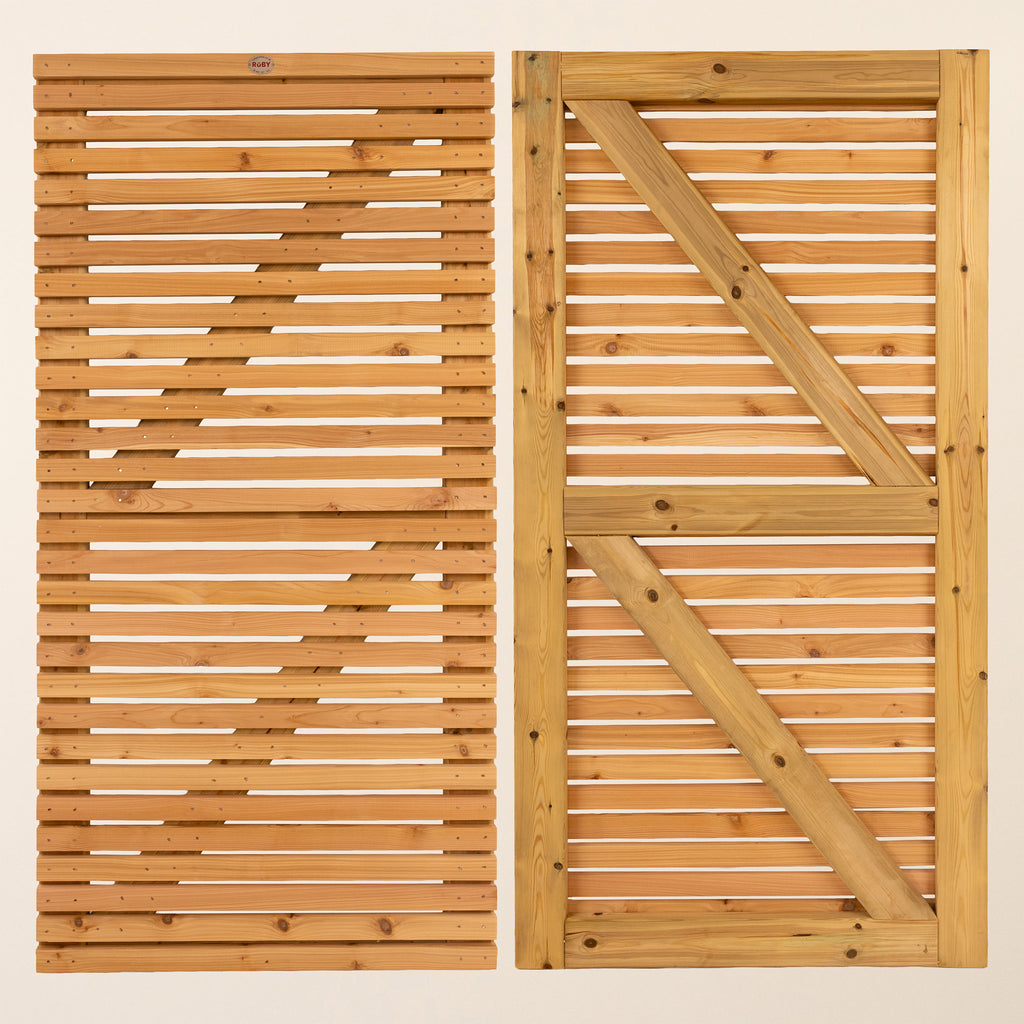 Front and rear view of Cedar Slatted Gate - With Treated Bracing