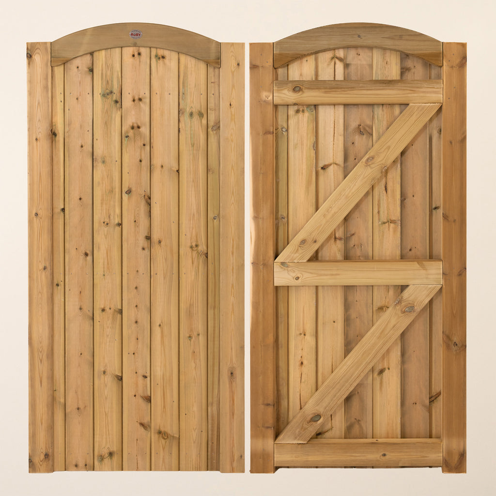 Mortise and tenon arch top gate shown from front and back views, displaying 0.9m height and natural wood finish
