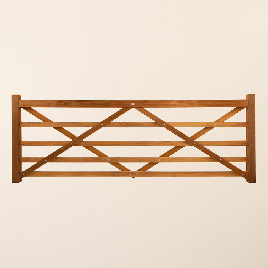 Front view of Iroko 5 Bar Entrance Gate showing classic field gate design with premium African hardwood construction and natural finish