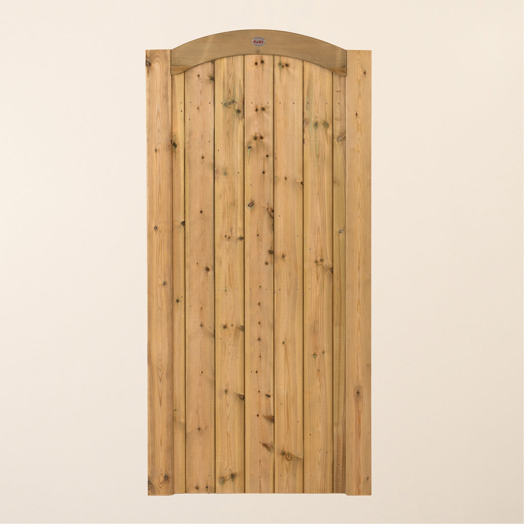 Front view of 2.4m high wooden garden gate featuring elegant arch top design and vertical tongue and groove paneling