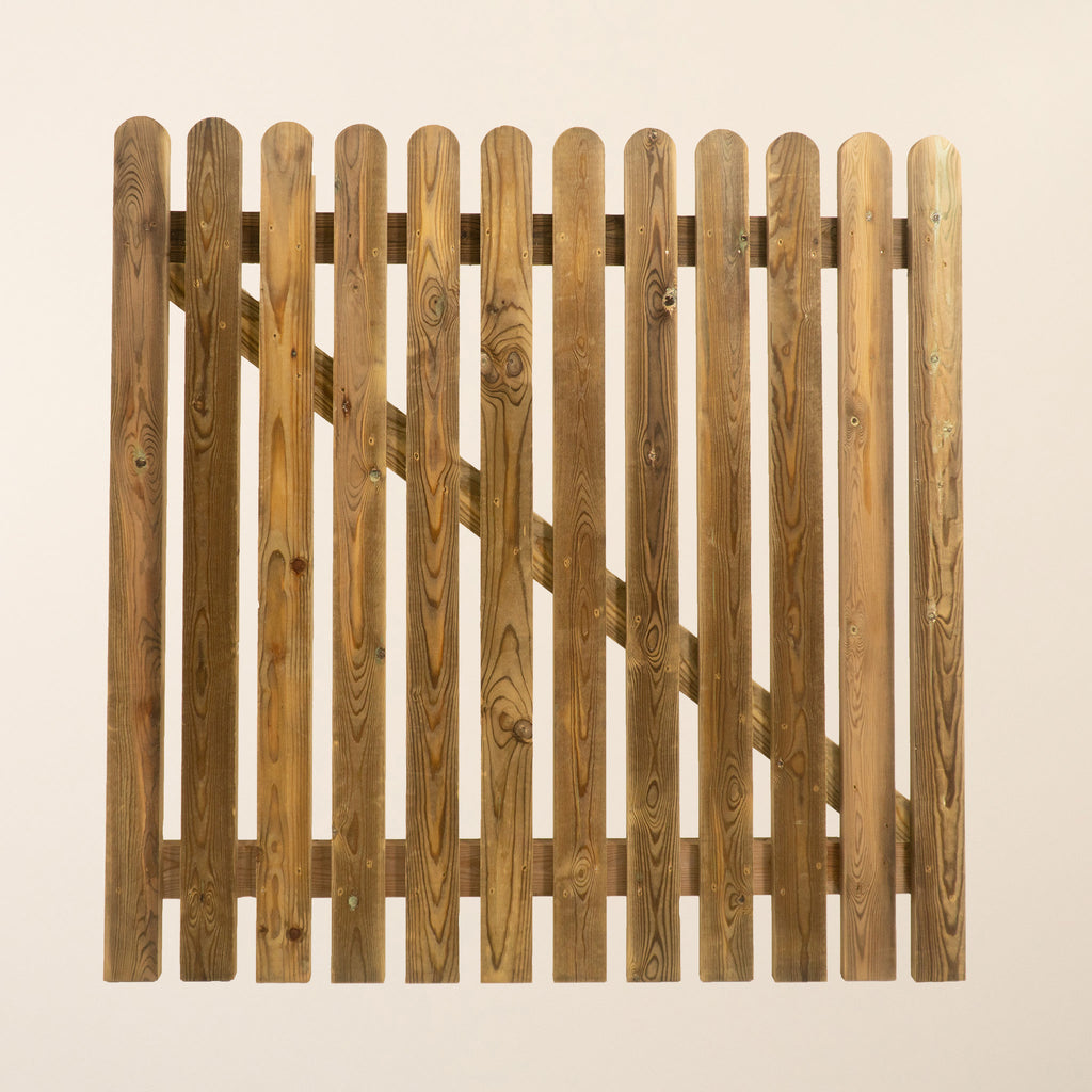 Front view of 0.6m high picket side gate with round top design and evenly spaced vertical pickets