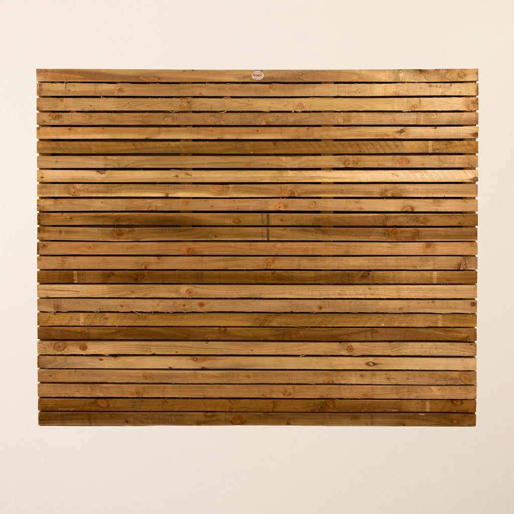Double-sided horizontal slatted fence panel made from pressure-treated Scandinavian Redwood with rough sawn 45mm x 19mm slats spaced 16mm apart, showing consistent green treatment and modern design