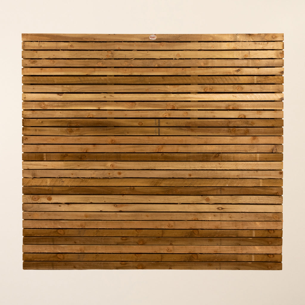 Double-sided horizontal slatted fence panel made from pressure-treated Scandinavian Redwood with rough sawn 45mm x 19mm slats spaced 16mm apart, showing consistent green treatment and modern design