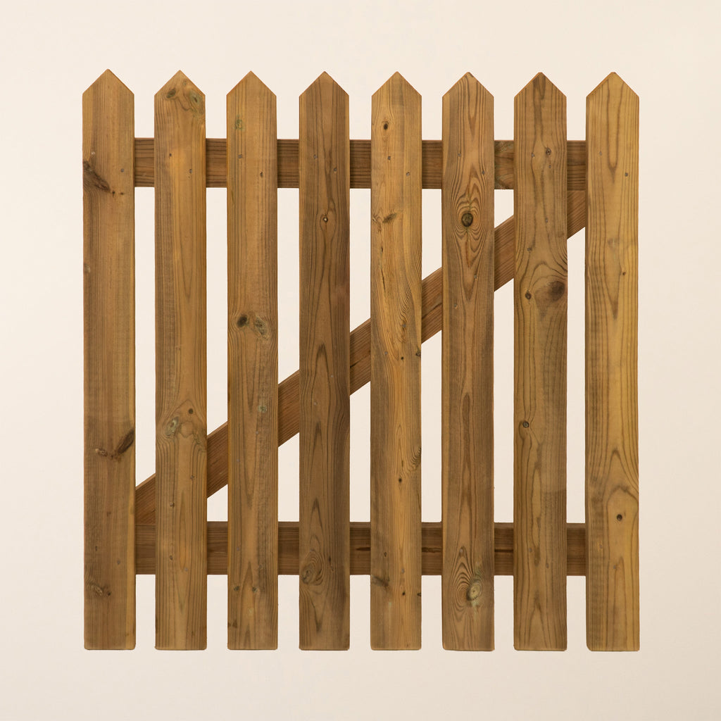 Pressure Treated Picket Side Gate with Pointed Top, 0.6m height, featuring vertical pickets with pointed tips and a planed finish, made from green pressure-treated timber