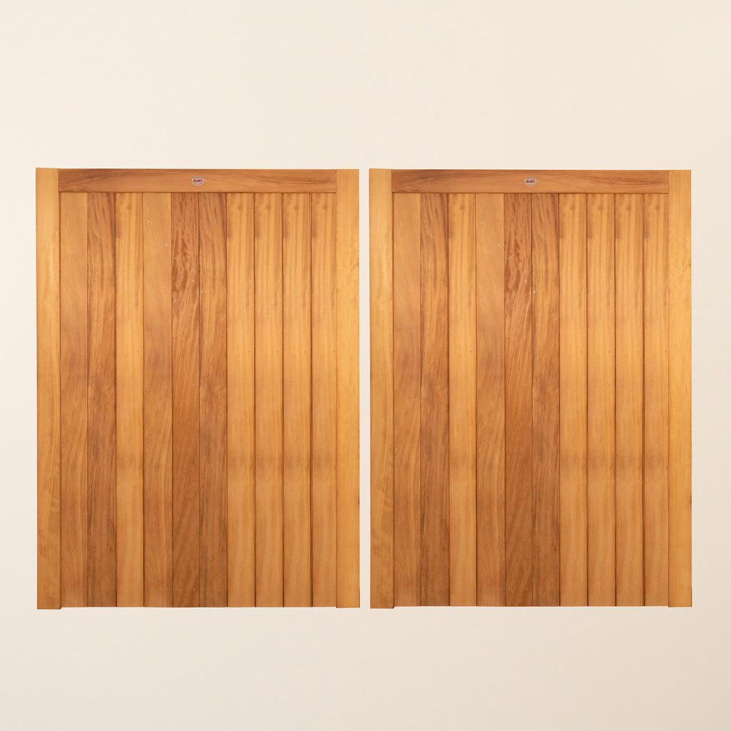 Iroko Croyde Mortise & Tenon Entrance Gates - Front view of complete gate pair showing vertical tongue and groove design and premium Iroko hardwood finish