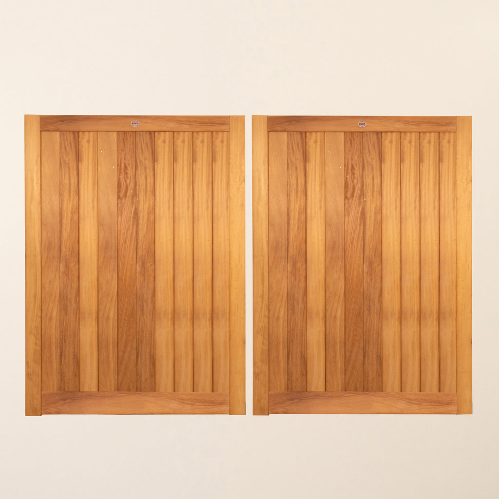 Iroko Croyde Mortise & Tenon Entrance Gates - Front view of complete gate pair showing vertical tongue and groove design and premium Iroko hardwood finish 