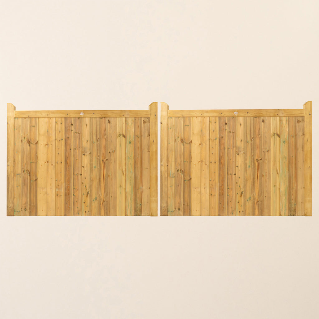 Highampton Mortise and Tenon T&G Entrance Gates shown as a pair, featuring elegant arched top design and vertical tongue and groove panels