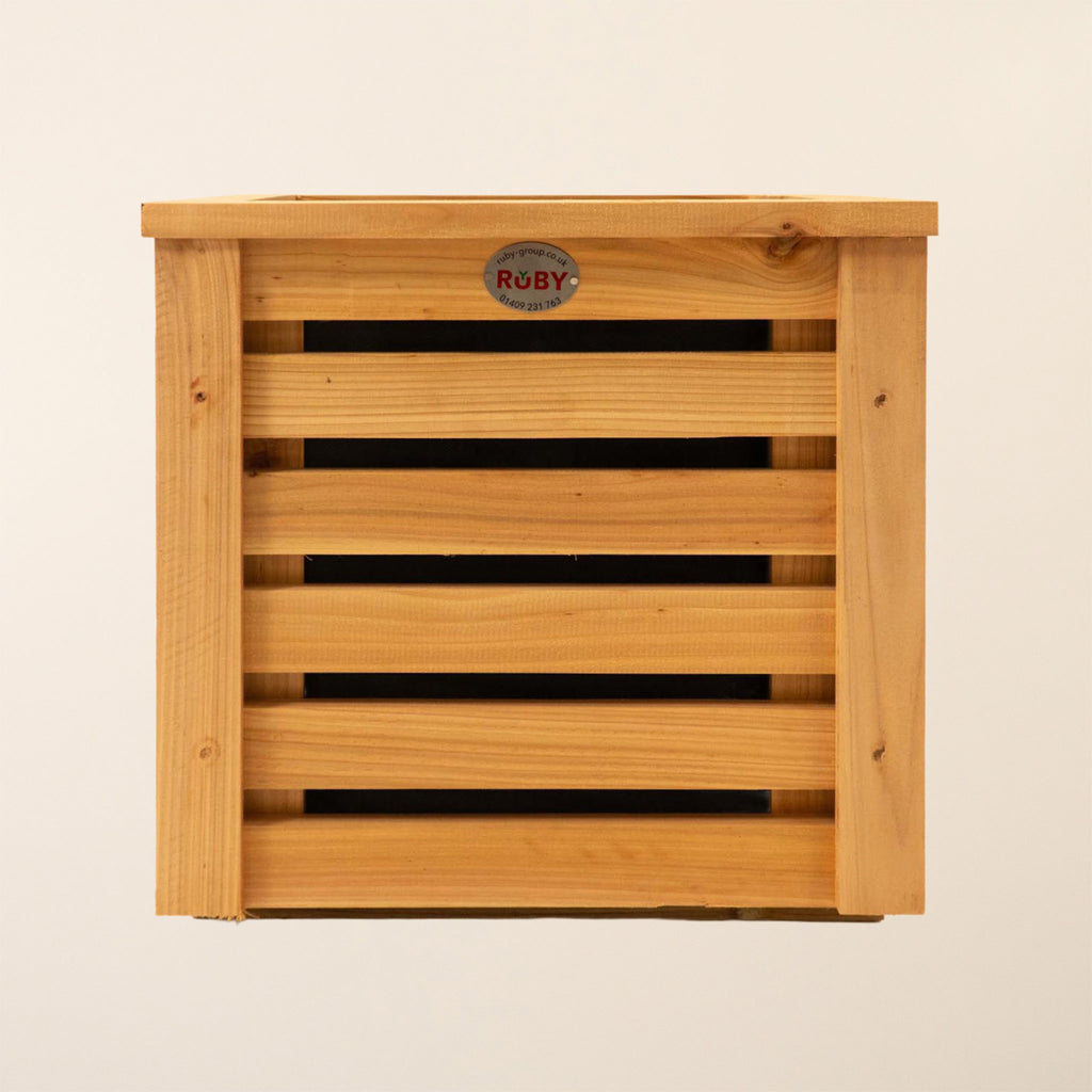 Premium slatted planter shown from front view, featuring elegant horizontal wood slats with contemporary design and natural finish