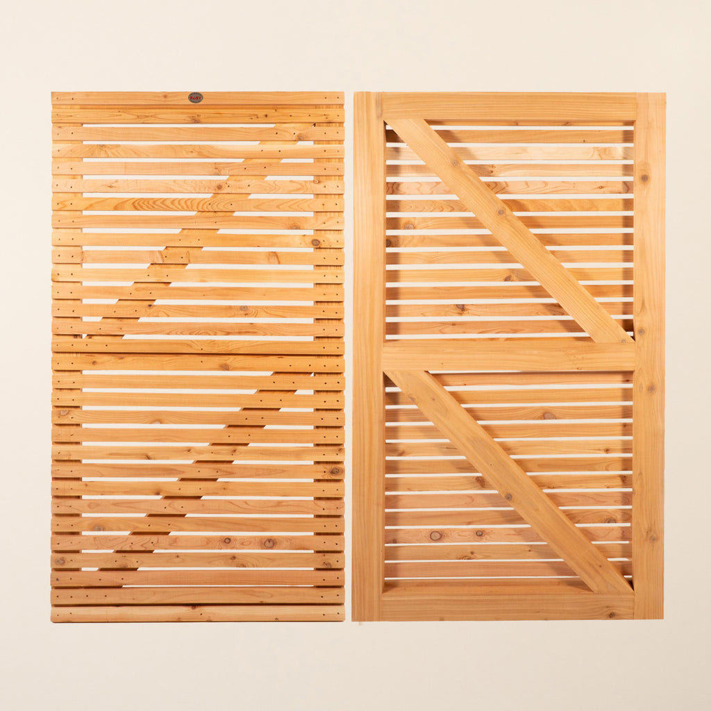 Cedar Slatted Gate Single shown from the front and back, featuring horizontal 44mm x 19mm planed slats with 16mm gaps between them, crafted from British Cedar timber for a contemporary garden entrance