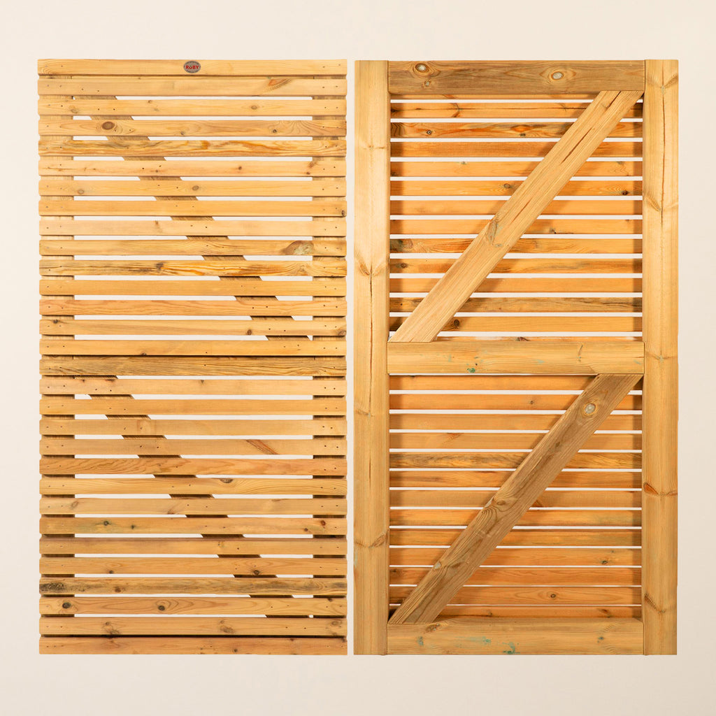 Redwood Slatted Gate Single shown from the front and back, featuring horizontal 45mm x 19mm slats with 16mm gaps between them, made from pressure-treated Scandinavian Redwood with a planed finish