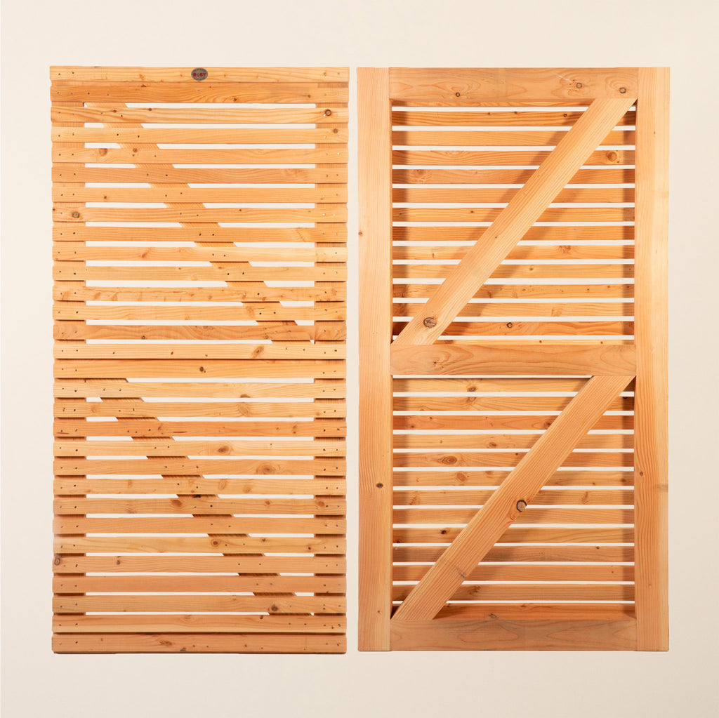 Front and back view of Larch Slatted Gate showing the contemporary design with 45mm x 19mm horizontal slats spaced 16mm apart for partial visibility