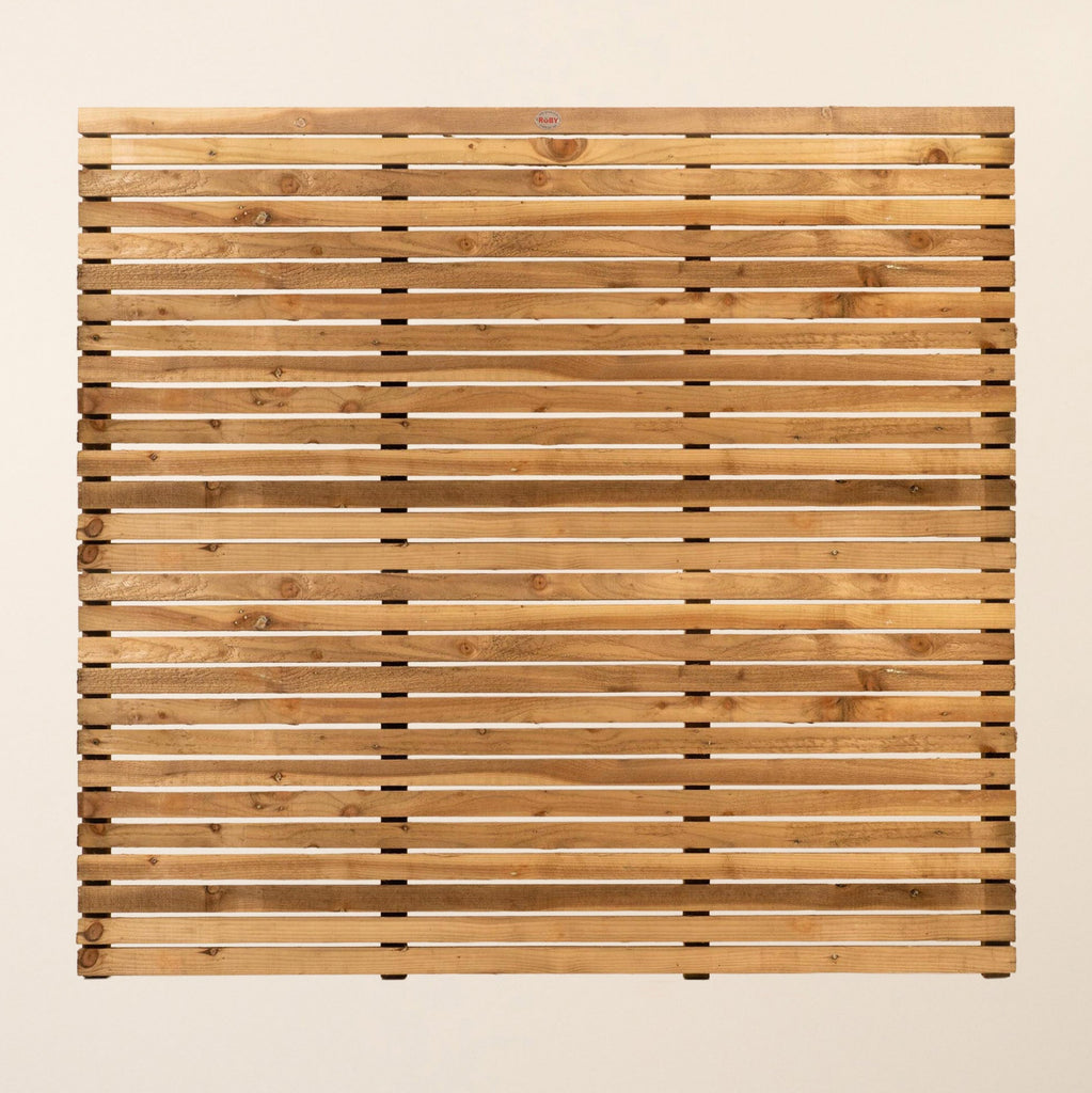Wooden fence panel with horizontal slats and even spacing, front view