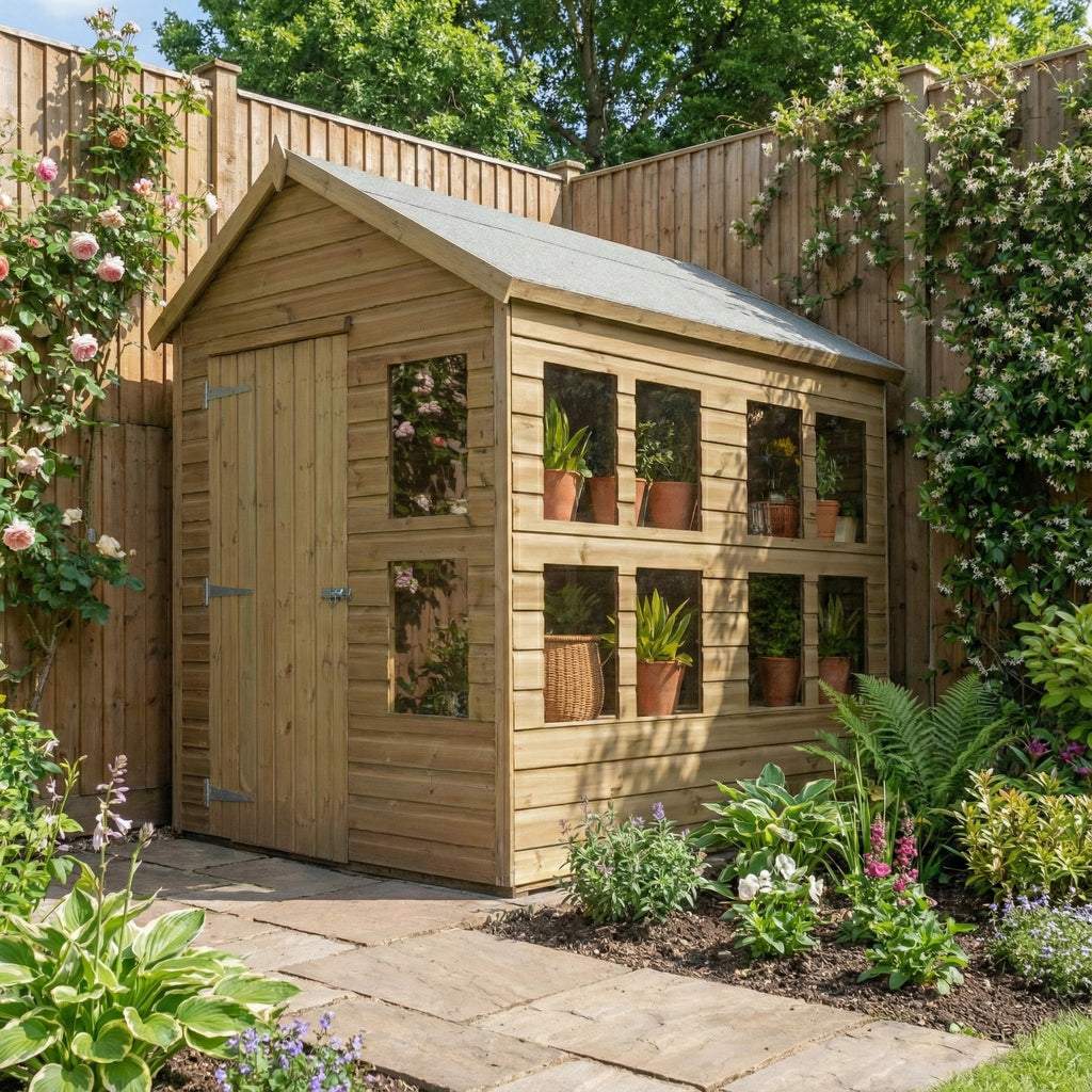 Wooden apex potting shed with triangular roof 