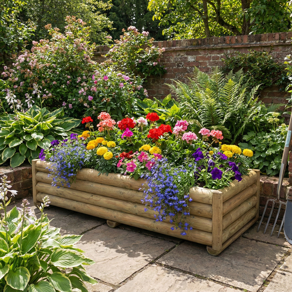 Lifestyle shot of planter installed in a garden setting 