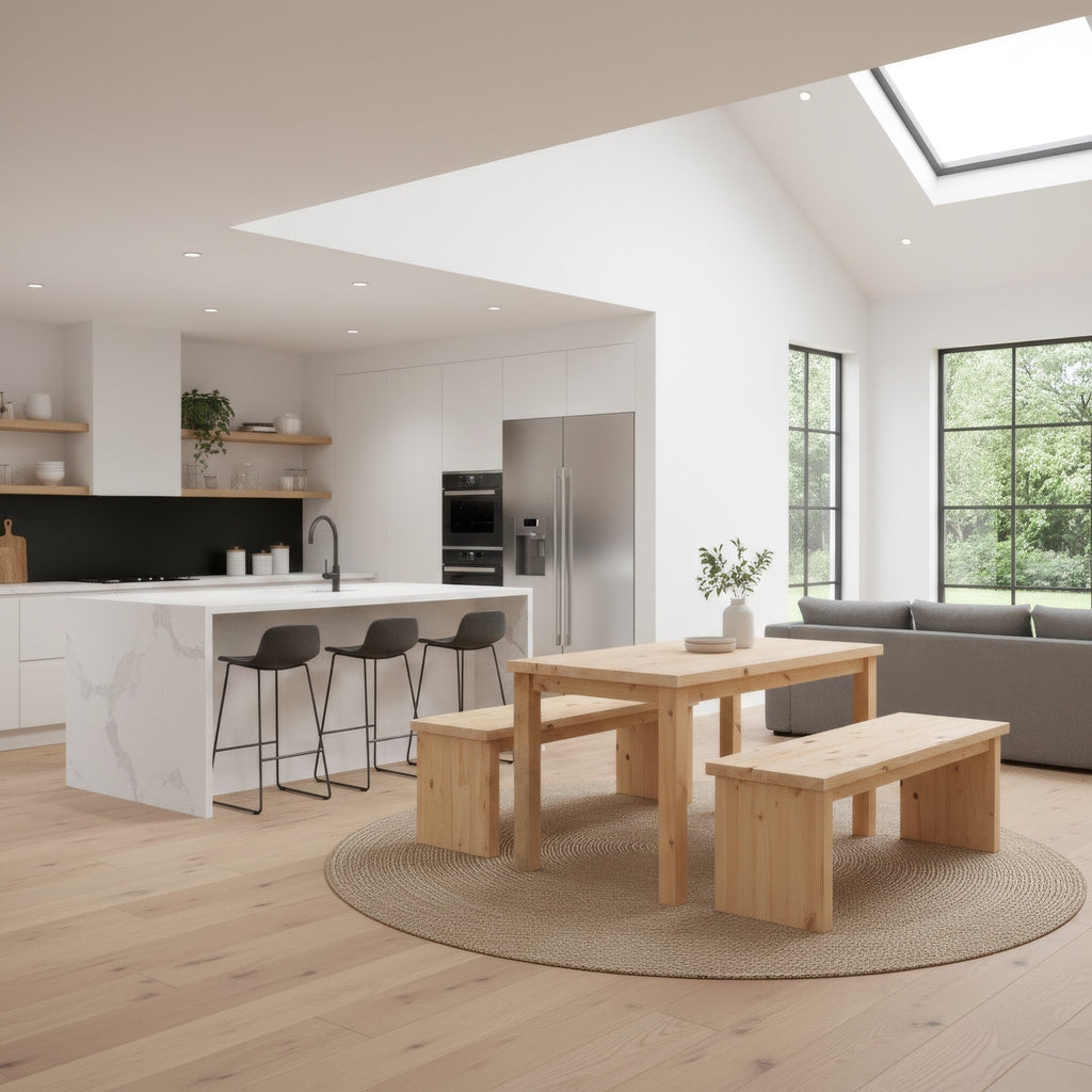 Table and bench set in modern open plan kitchen 