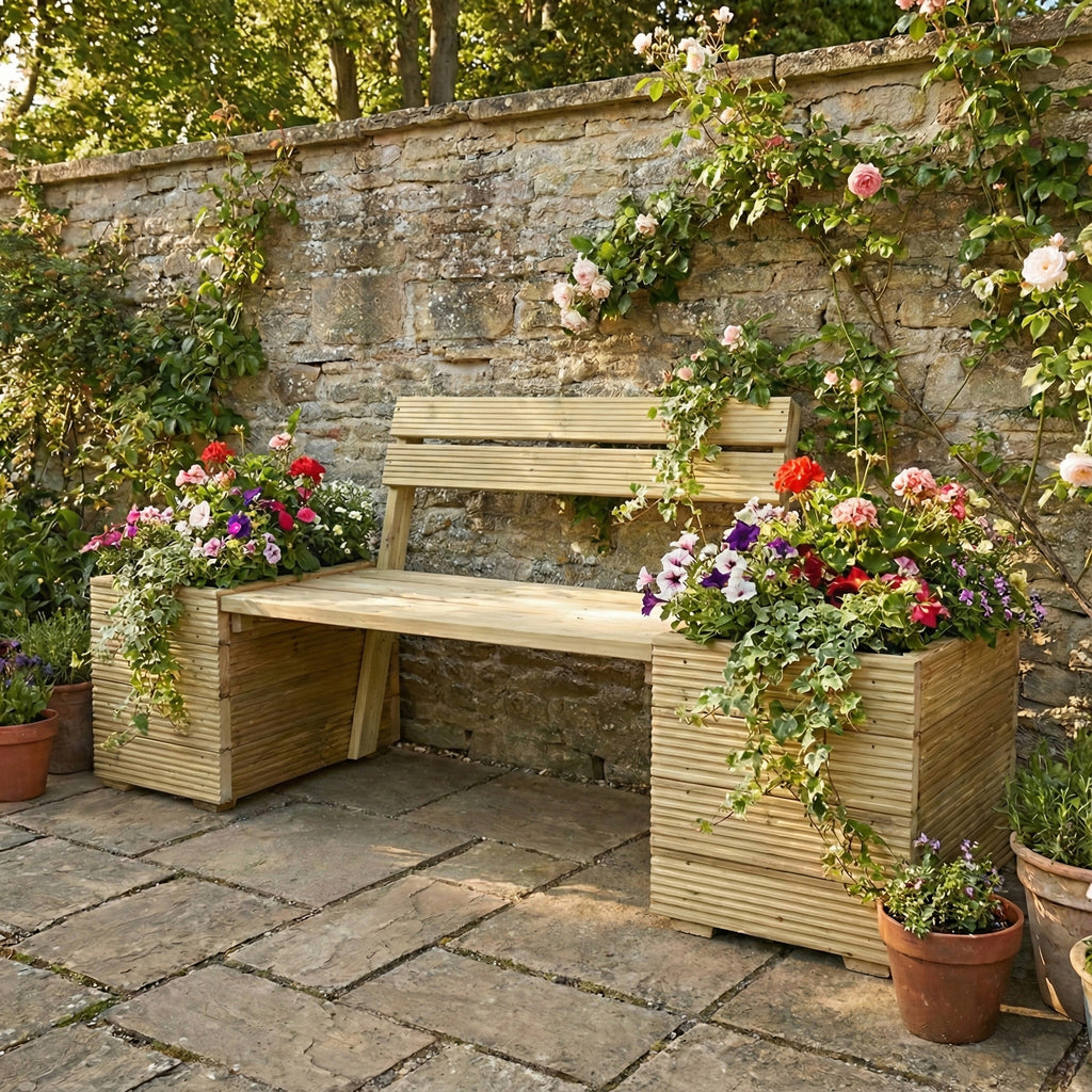 Lifestyle image of planter and bench with backrest combo installed in a garden setting